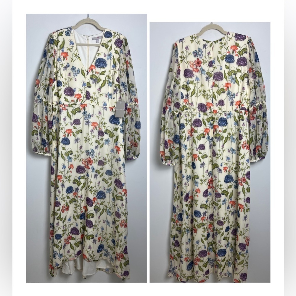 NEW Chelsea28 XL Cream Garden Floral Empire Waist‎ Bishop Sleeve Maxi Dress